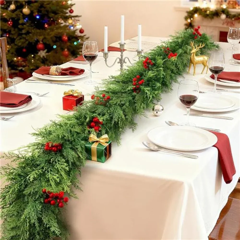 (2 pack) Christmas Garland 9 ft Real Touch Cedar Garland with Red Berry
